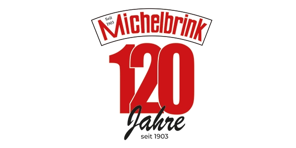 Logo mit dem Text „Michelbrink“ und „120 Jahre, seit 1903“ in Rot und Schwarz zur Feier des 120-jährigen Jubiläums seit 1903. Dieses von einer renommierten Werbeagentur in Düsseldorf entworfene Emblem verkörpert über ein Jahrhundert Geschichte und Exzellenz.
